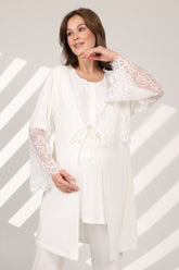 Lace Sleeve 3-Piece Maternity-Nursing Pajama & Robe Set Ecru - 578