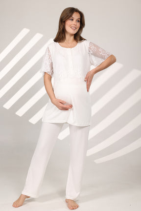 Lace Sleeve 3-Piece Maternity-Nursing Pajama & Robe Set Ecru - 578