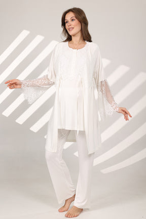 Lace Sleeve 3-Piece Maternity-Nursing Pajama & Robe Set Ecru - 578