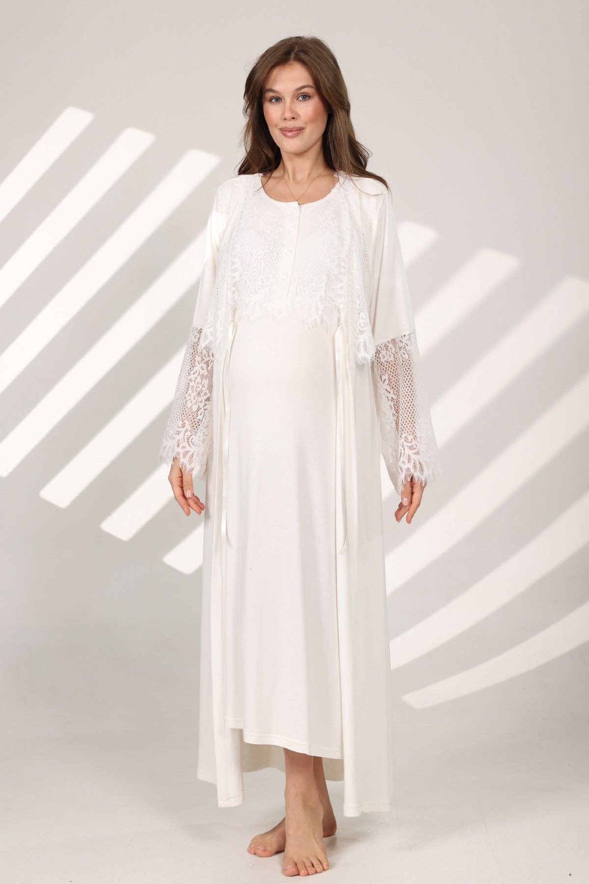 Lace Sleeve Maternity-Nursing Nightgown & Robe Set Ecru - 579