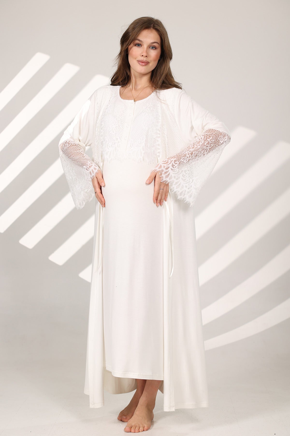 Lace Sleeve Maternity-Nursing Nightgown & Robe Set Ecru - 579