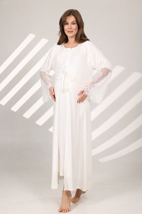 Lace Sleeve Maternity-Nursing Nightgown & Robe Set Ecru - 579