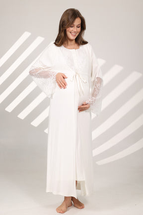 Lace Sleeve Maternity-Nursing Nightgown & Robe Set Ecru - 579