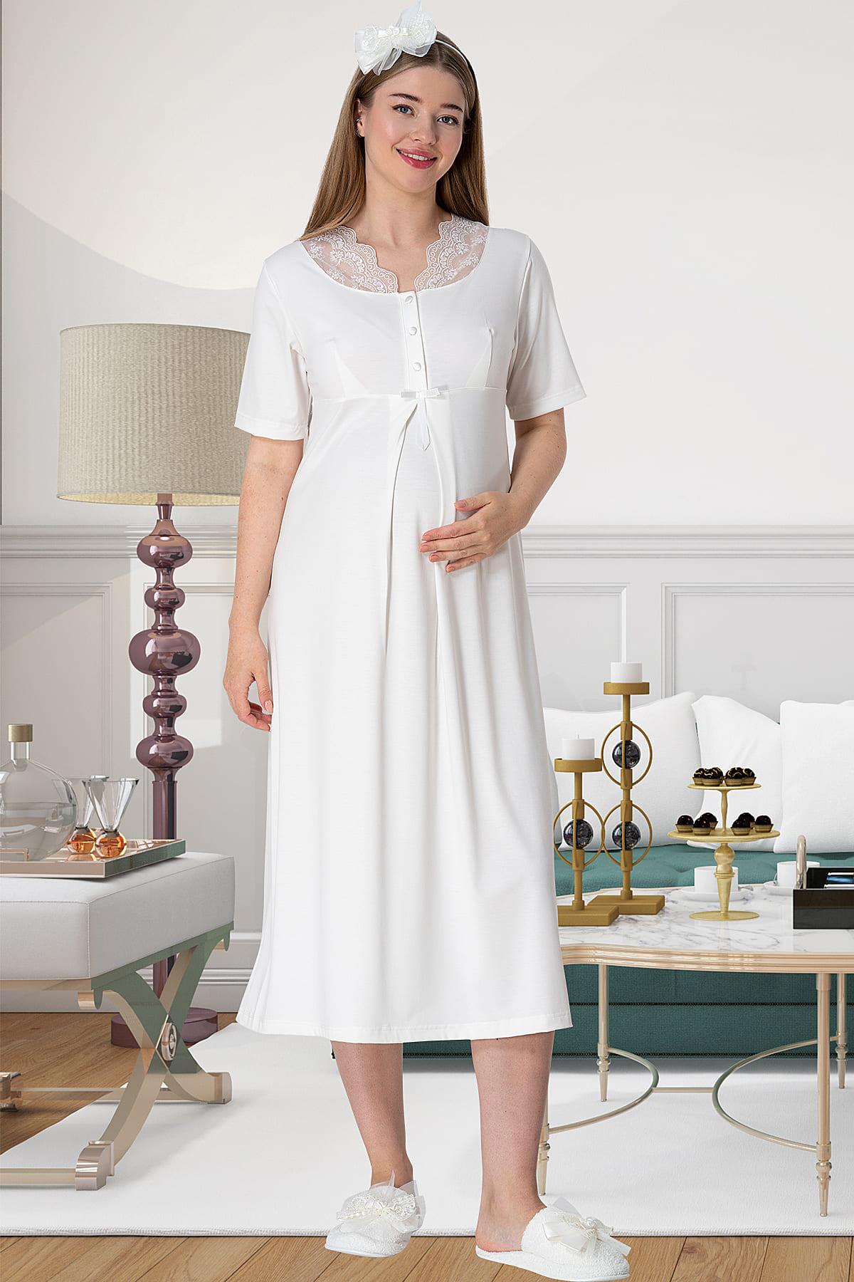 Lace Collar Maternity & Nursing Nightgown With Patterned Robe Grey - 5807