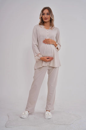 Lace Collar Maternity & Nursing Pajamas Coffee - 5808