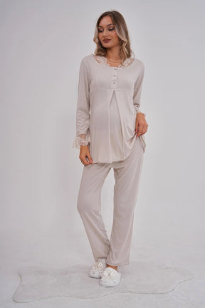 Lace Collar Maternity & Nursing Pajamas Coffee - 5808