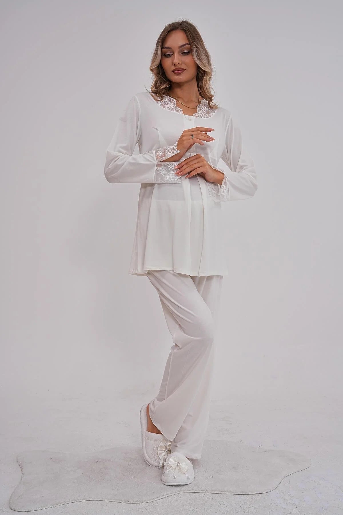 Lace Collar Maternity & Nursing Pajamas Ecru - 5808