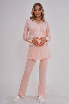 Lace Collar Maternity & Nursing Pajamas Powder - 5808