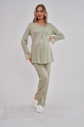 Lace Collar Maternity & Nursing Pajamas Green - 5808