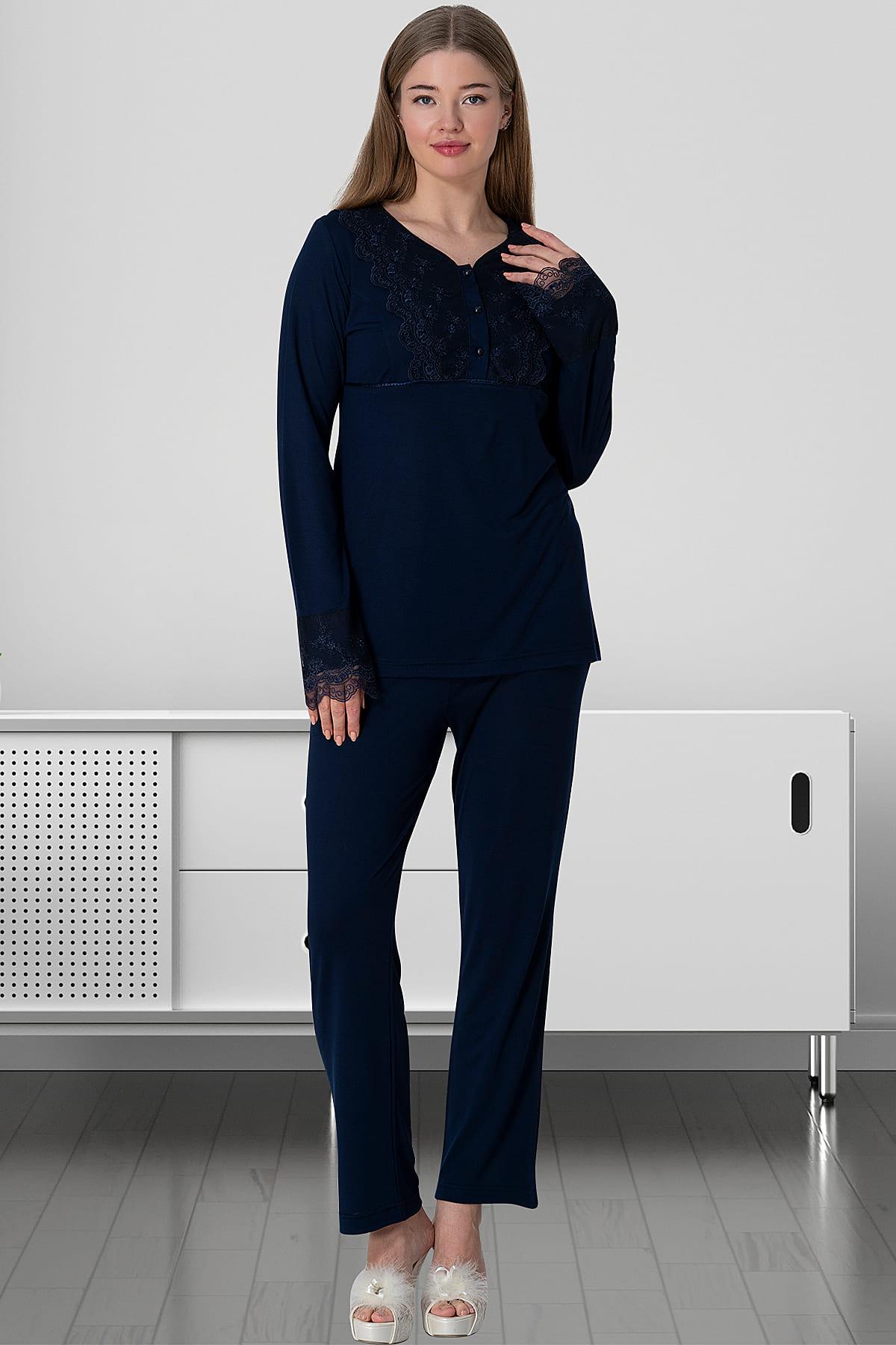 Guipure Maternity & Nursing Pajamas Navy Blue - 5815