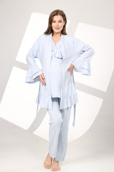 Pleated Breastfeeding Detailed 3-Piece Maternity-Nursing Pajama & Flywheel Arm Robe Set Blue - 585