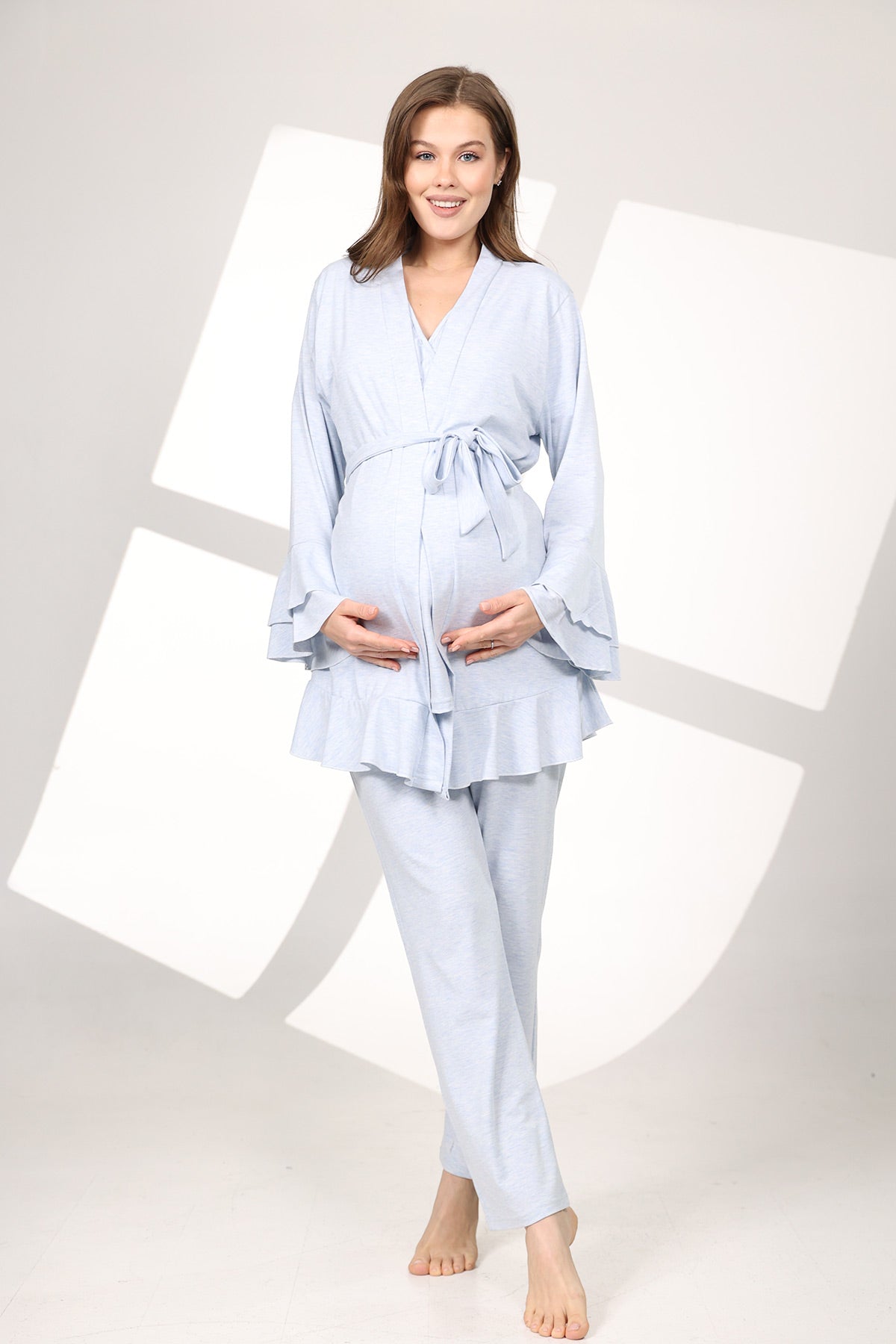 Pleated Breastfeeding Detailed 3-Piece Maternity-Nursing Pajama & Flywheel Arm Robe Set Blue - 585