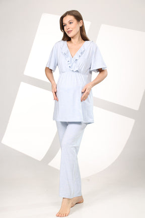 Pleated Breastfeeding Detailed 3-Piece Maternity-Nursing Pajama & Flywheel Arm Robe Set Blue - 585