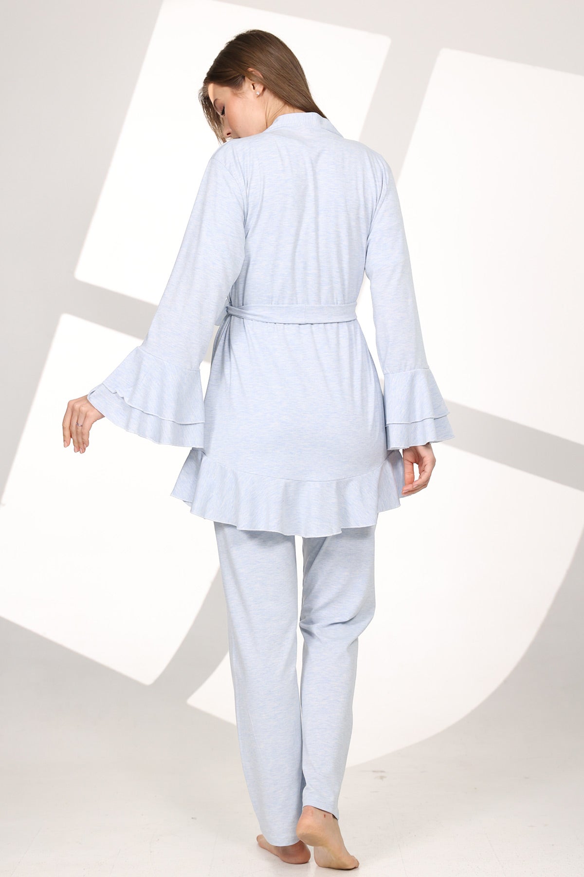 Pleated Breastfeeding Detailed 3-Piece Maternity-Nursing Pajama & Flywheel Arm Robe Set Blue - 585