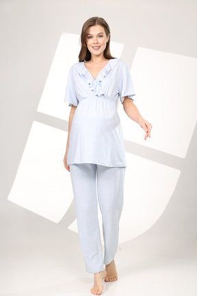 Pleated Breastfeeding Detailed 3-Piece Maternity-Nursing Pajama & Flywheel Arm Robe Set Blue - 585