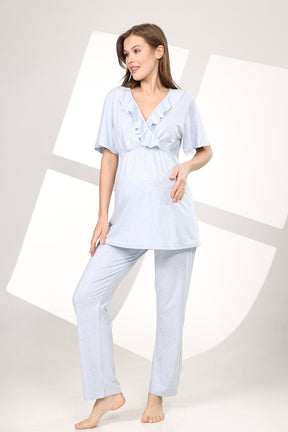 Pleated Breastfeeding Detailed 3-Piece Maternity-Nursing Pajama & Flywheel Arm Robe Set Blue - 585