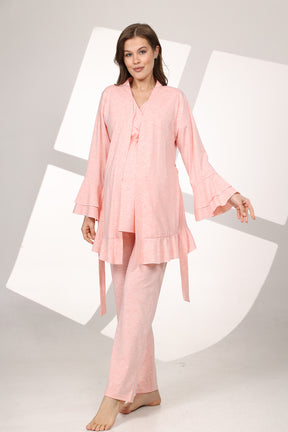 Pleated Breastfeeding Detailed 3-Piece Maternity-Nursing Pajama & Flywheel Arm Robe Set Pink - 586