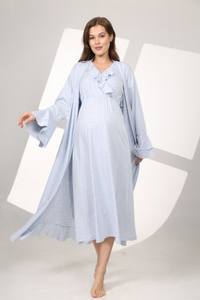 Pleated Breastfeeding Detailed Maternity-Nursing Nightgown & Flywheel Arm Robe Set Blue - 589