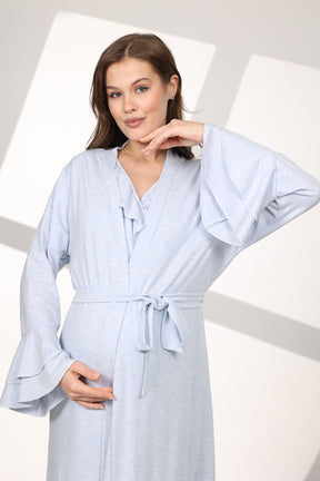 Pleated Breastfeeding Detailed Maternity-Nursing Nightgown & Flywheel Arm Robe Set Blue - 589