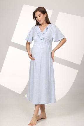 Pleated Breastfeeding Detailed Maternity-Nursing Nightgown & Flywheel Arm Robe Set Blue - 589