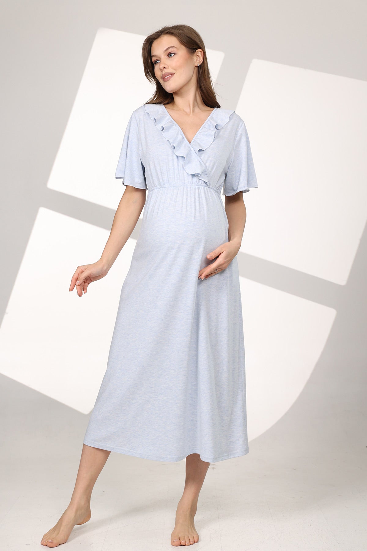 Pleated Breastfeeding Detailed Maternity-Nursing Nightgown & Flywheel Arm Robe Set Blue - 589