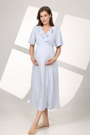 Pleated Breastfeeding Detailed Maternity-Nursing Nightgown & Flywheel Arm Robe Set Blue - 589