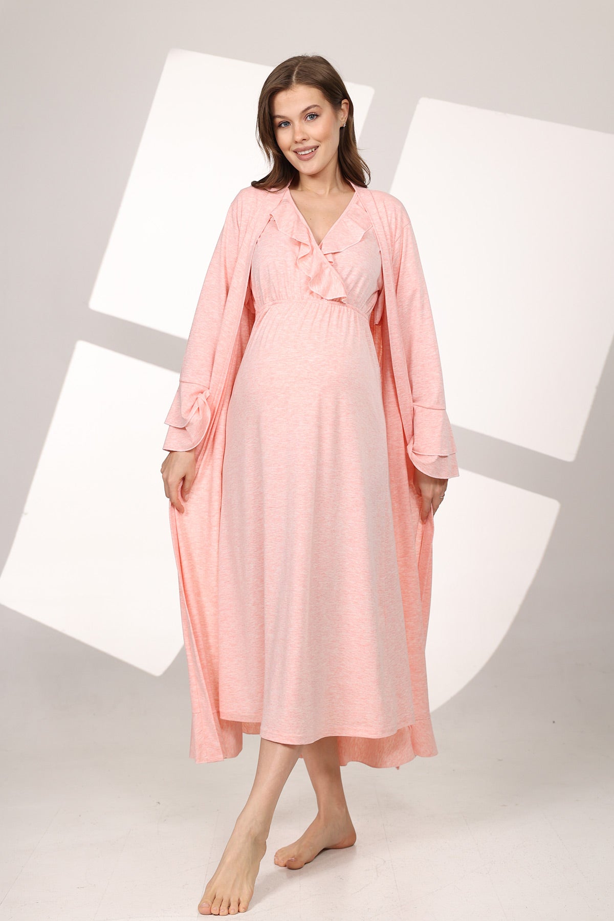 Pleated Breastfeeding Detailed Maternity-Nursing Nightgown & Flywheel Arm Robe Set Pink - 591