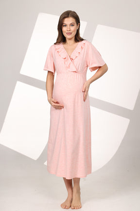 Pleated Breastfeeding Detailed Maternity-Nursing Nightgown & Flywheel Arm Robe Set Pink - 591