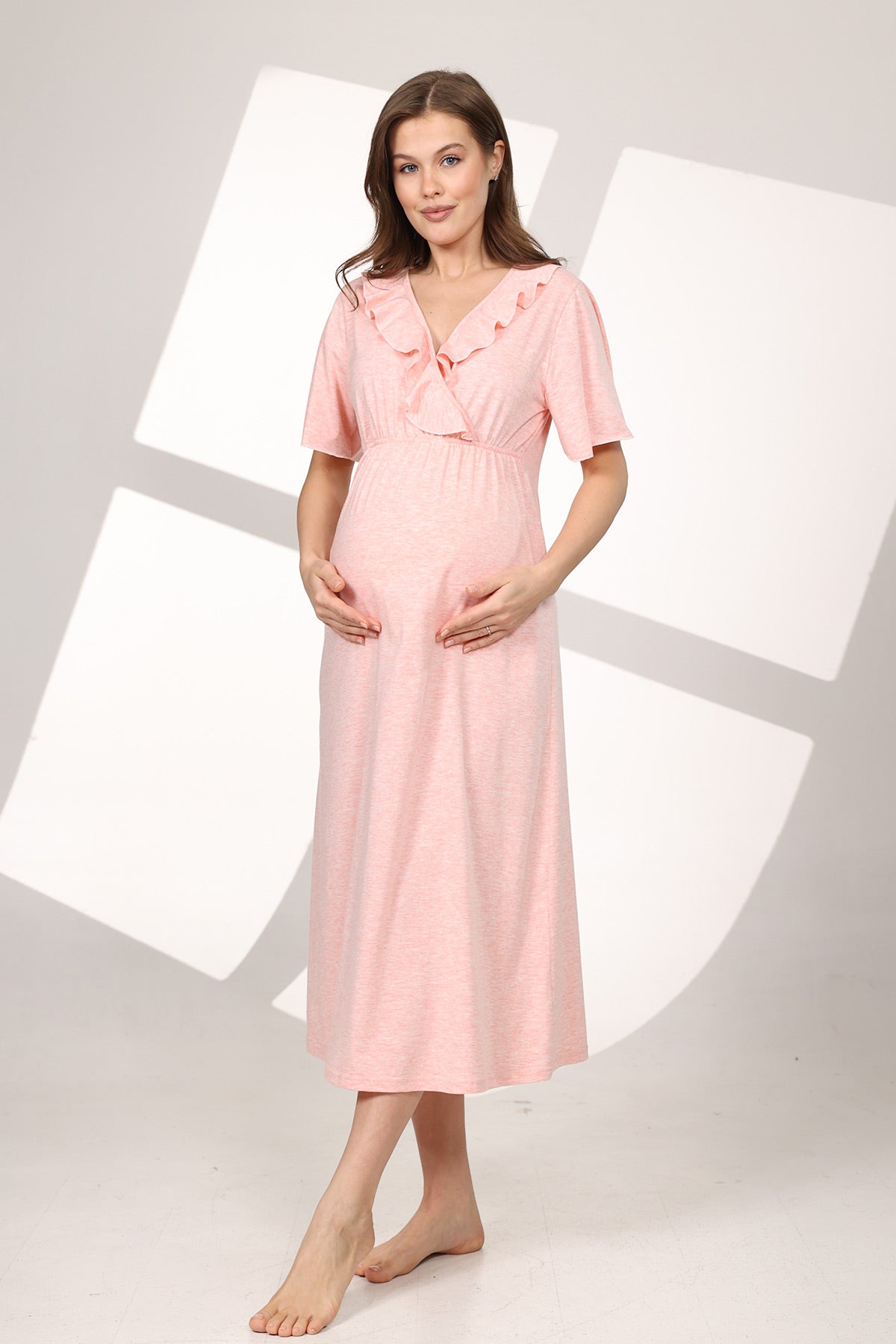 Pleated Breastfeeding Detailed Maternity-Nursing Nightgown & Flywheel Arm Robe Set Pink - 591