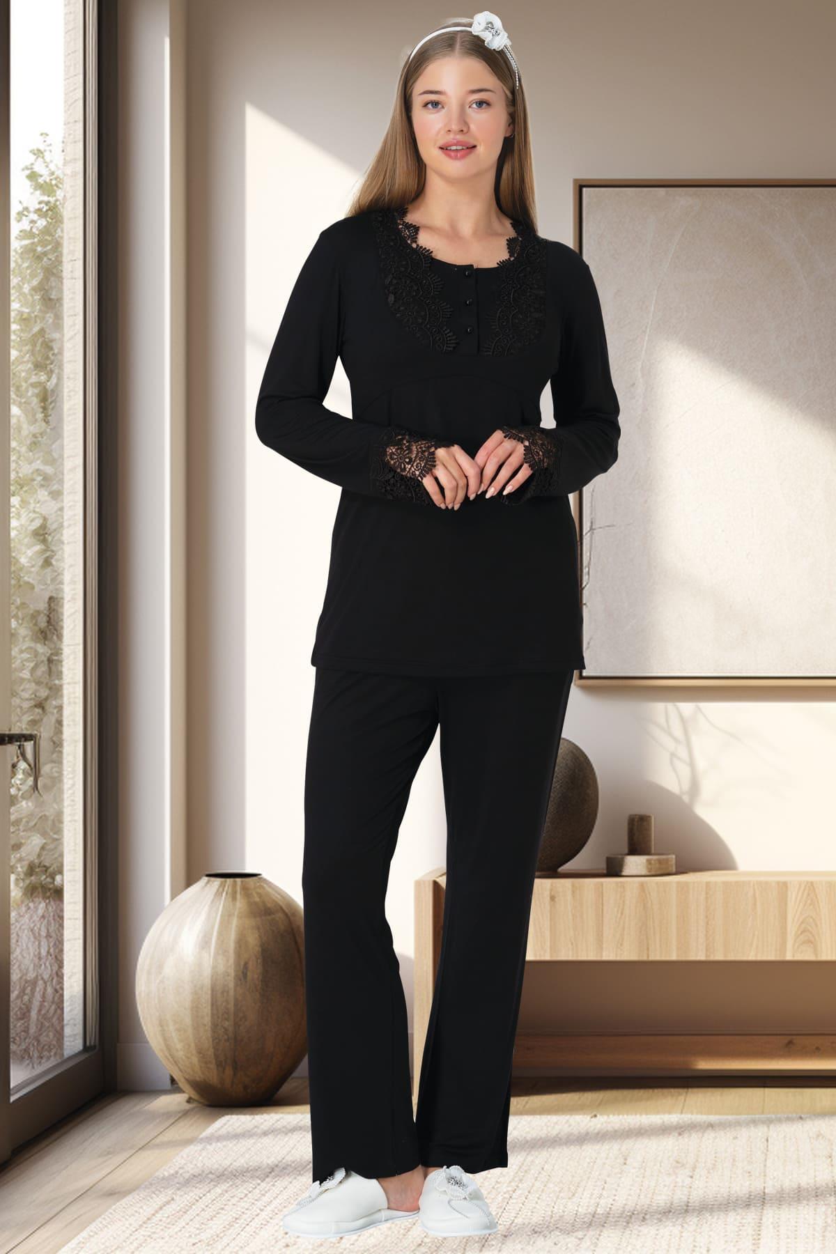 Lace Maternity & Nursing Pajamas Black - 5914