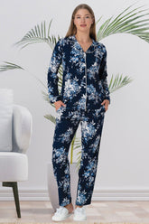 Flowery Maternity & Nursing Pajamas Navy Blue - 5924