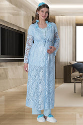 Lace 3-Pieces Maternity & Nursing Pajamas With Long Lez Lacy Robe Blue - 6000