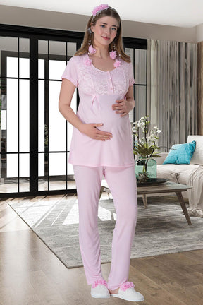 Lace 3-Pieces Maternity & Nursing Pajamas With Long Lez Lacy Robe Pink - 6000