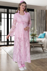 Lace 3-Pieces Maternity & Nursing Pajamas With Long Lez Lacy Robe Pink - 6000