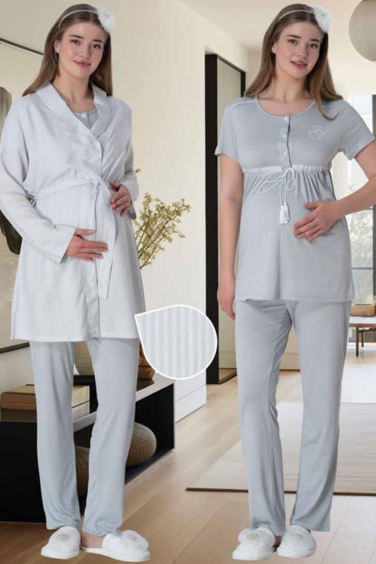 Bow 3-Pieces Maternity & Nursing Pajamas With Striped Robe Grey - 6001
