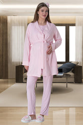 Bow 3-Pieces Maternity & Nursing Pajamas With Striped Robe Pink - 6001