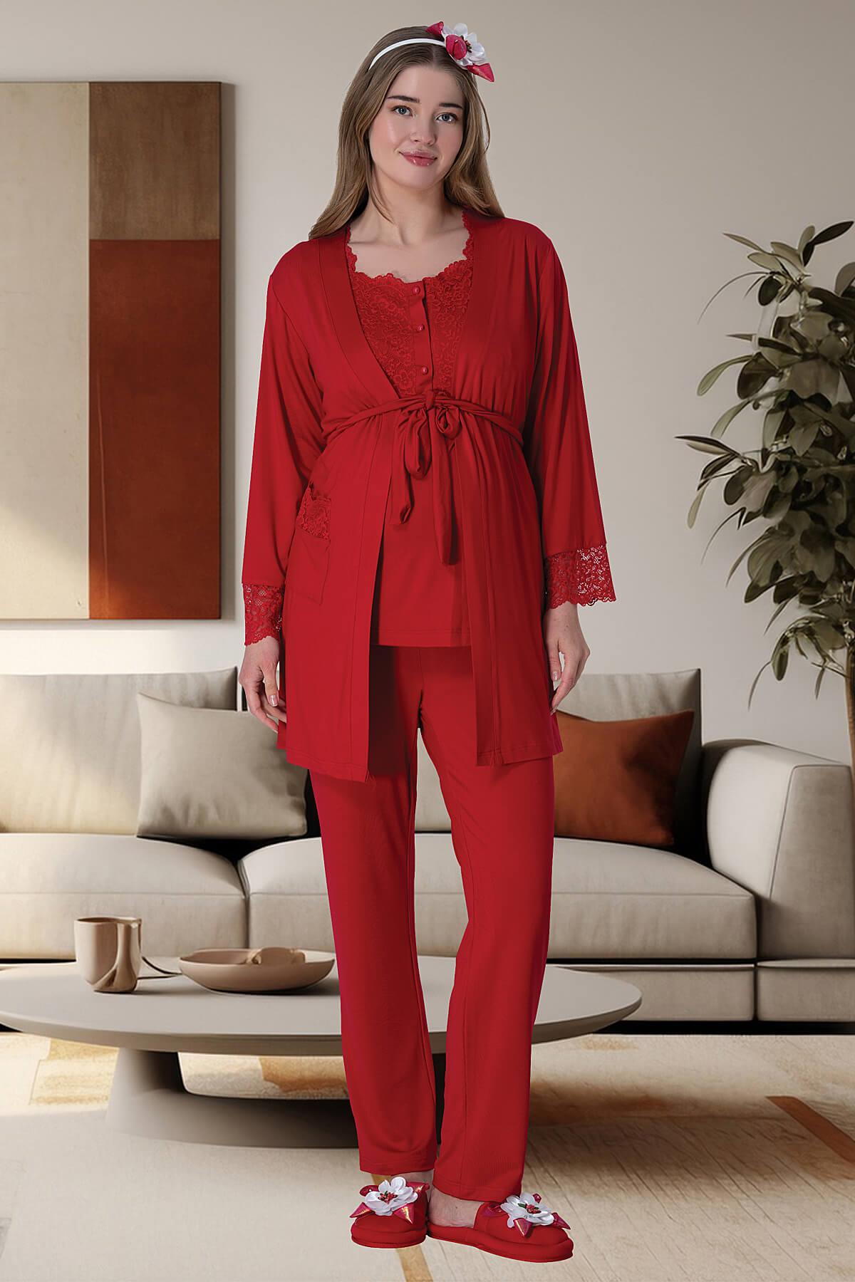Lace Collar 3-Pieces Maternity & Nursing Pajamas With Robe Red - 6002