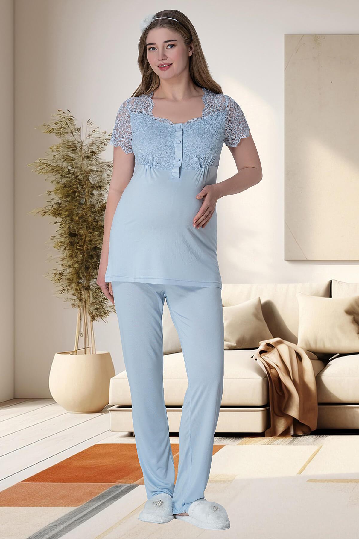 Lace Collar 3-Pieces Maternity & Nursing Pajamas With Robe Blue - 6002