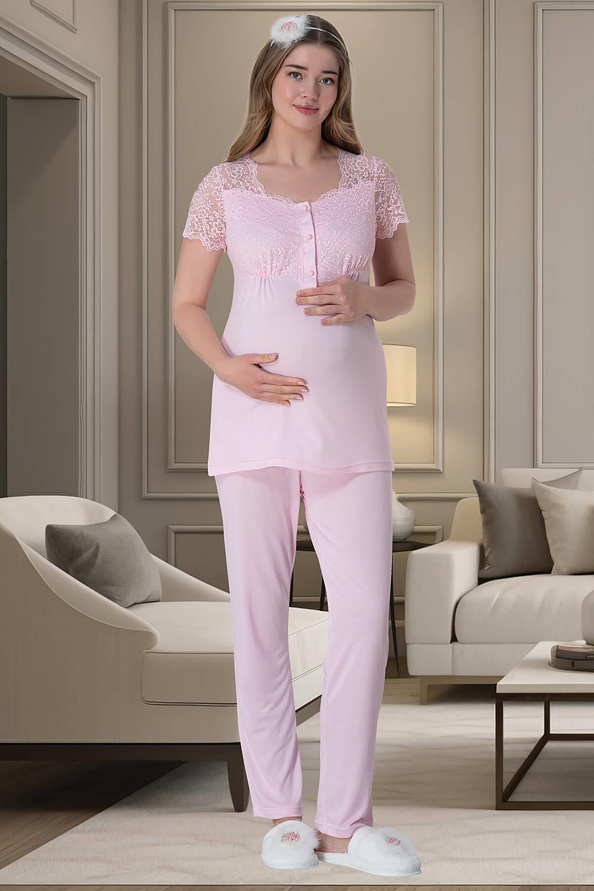 Lace Collar 3-Pieces Maternity & Nursing Pajamas With Robe Pink - 6002