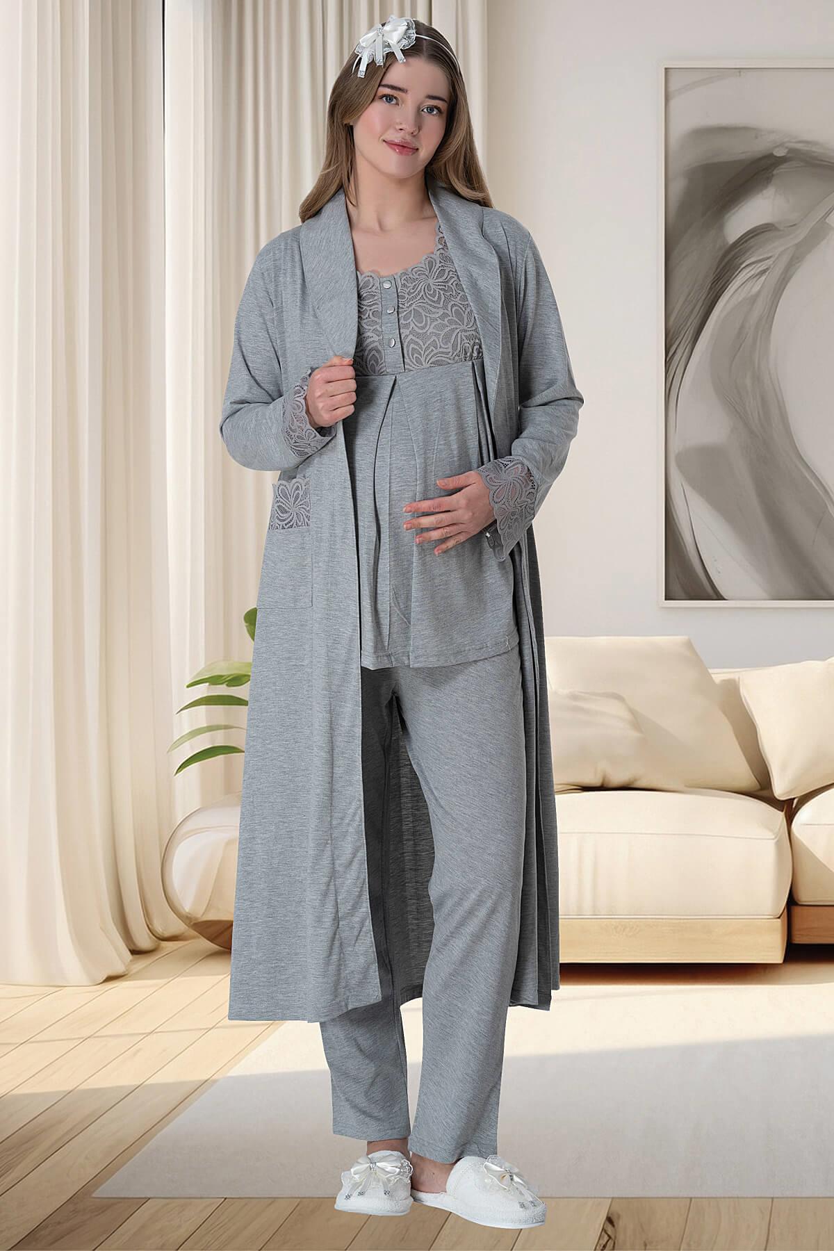 Lace Shoulder 3-Pieces Maternity & Nursing Pajamas With Melange Robe Grey - 6003