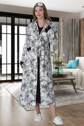Lace Maternity & Nursing Nightgown With Patterned Robe Black - 6004