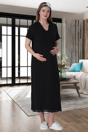 Lace Maternity & Nursing Nightgown With Patterned Robe Black - 6004