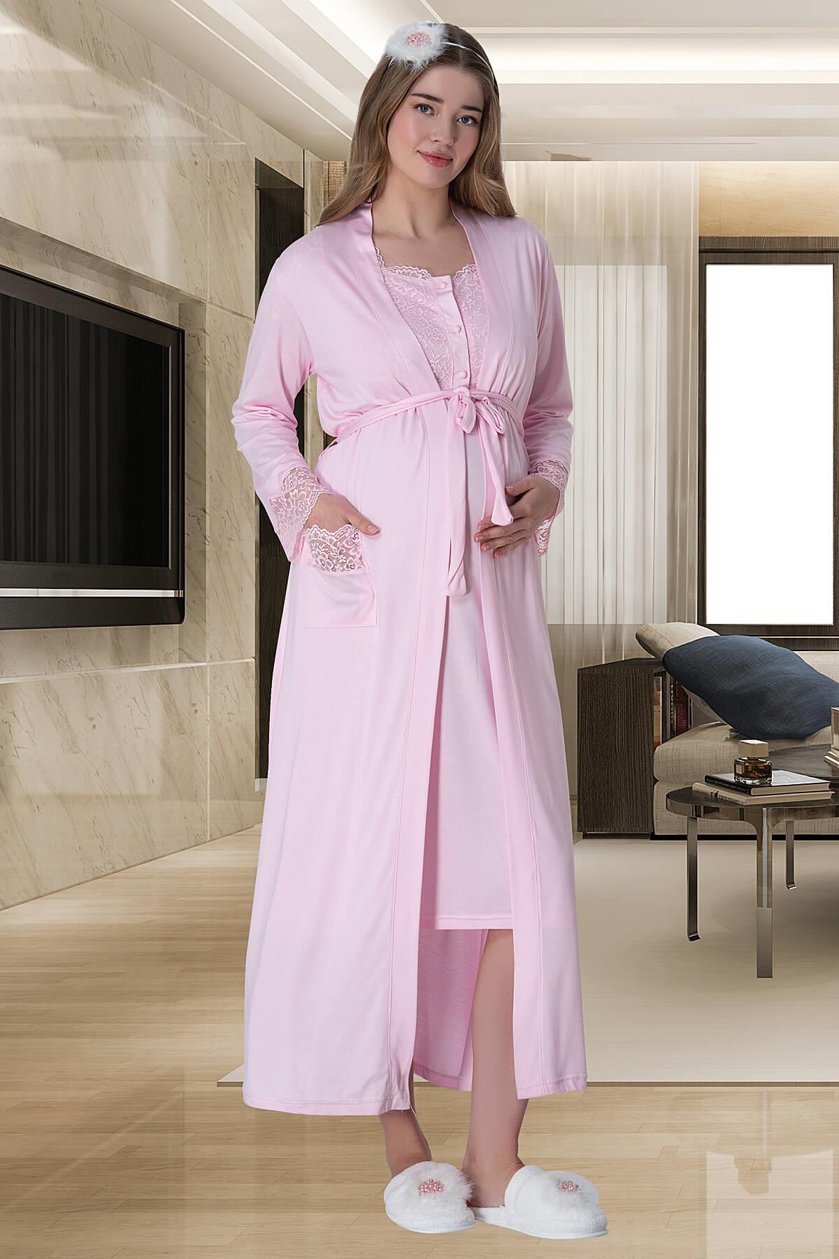 Lace Collar Maternity & Nursing Nightgown With Robe Pink - 6005