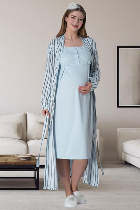 Lace Shoulder Maternity & Nursing Nightgown With Stripe Robe Blue - 6006