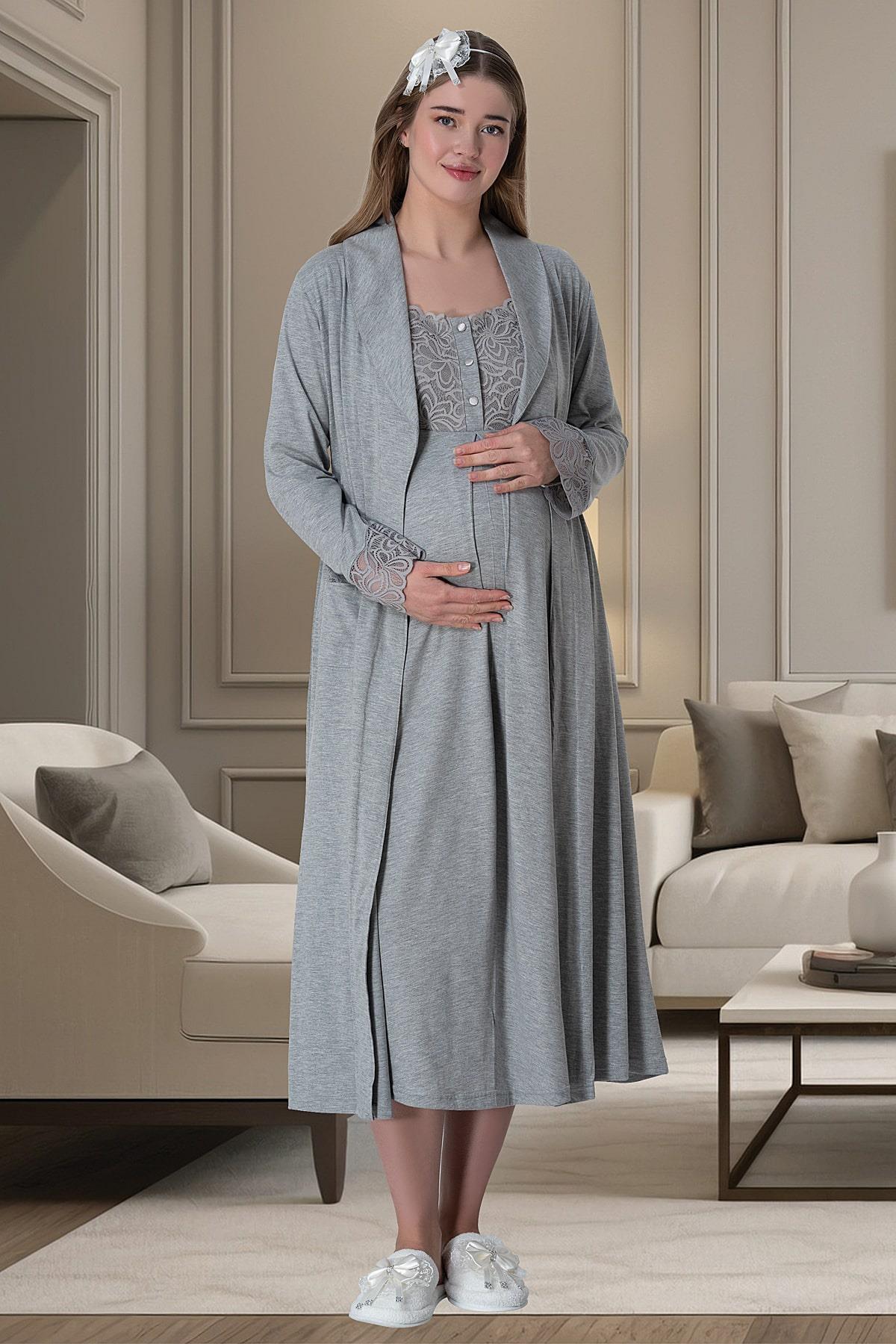 Melange Lace Shoulder 4 Pieces Maternity & Nursing Set Grey - 6066