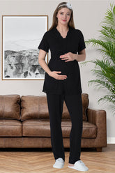 Lace Maternity & Nursing Pajamas Black - 6008