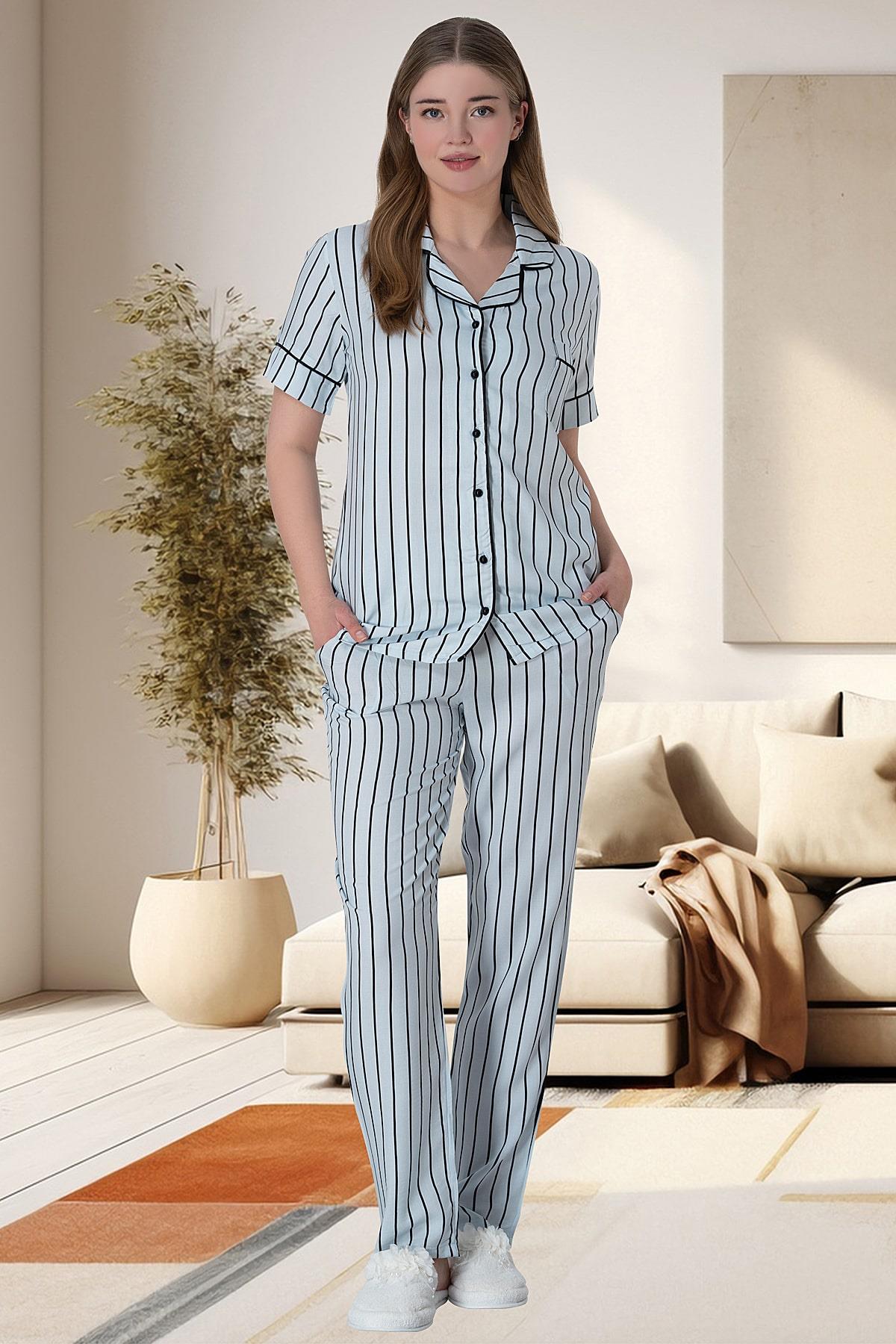 Striped Maternity & Nursing Pajamas Blue - 6016