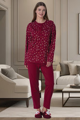 Flowery Plus Size Maternity & Nursing Pajamas Claret Red - 6017