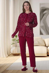 Flower Patterned Plus Size Maternity & Nursing Pajamas Claret Red - 6018