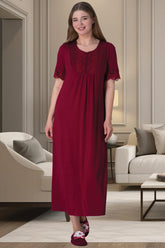 Guipure Collar Plus Size Maternity & Nursing Nightgown Claret Red - 6029